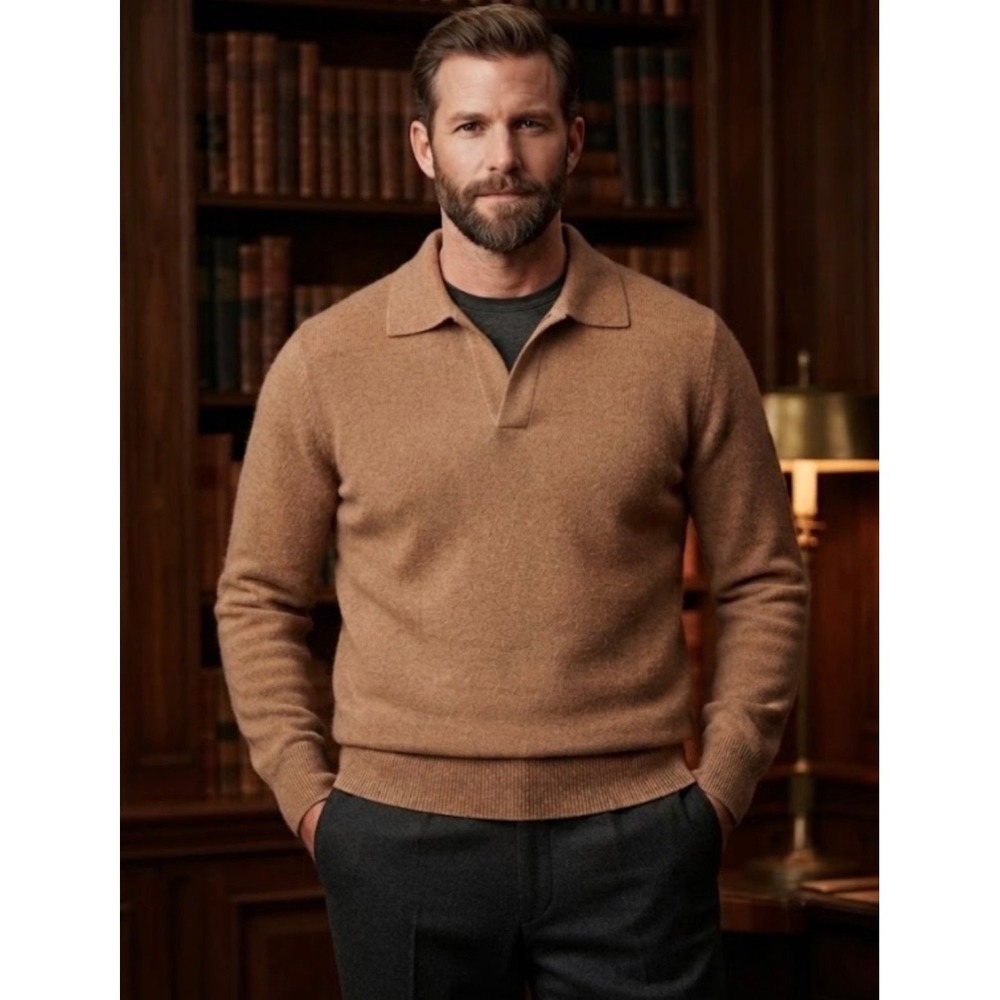 Magaschoni Cashmere Mens Small Camel Tan Polo V-Neck Sweater 100% Cashmere